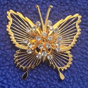 Vintage Monet Gold-tone Butterfly Brooch with Clear Accents